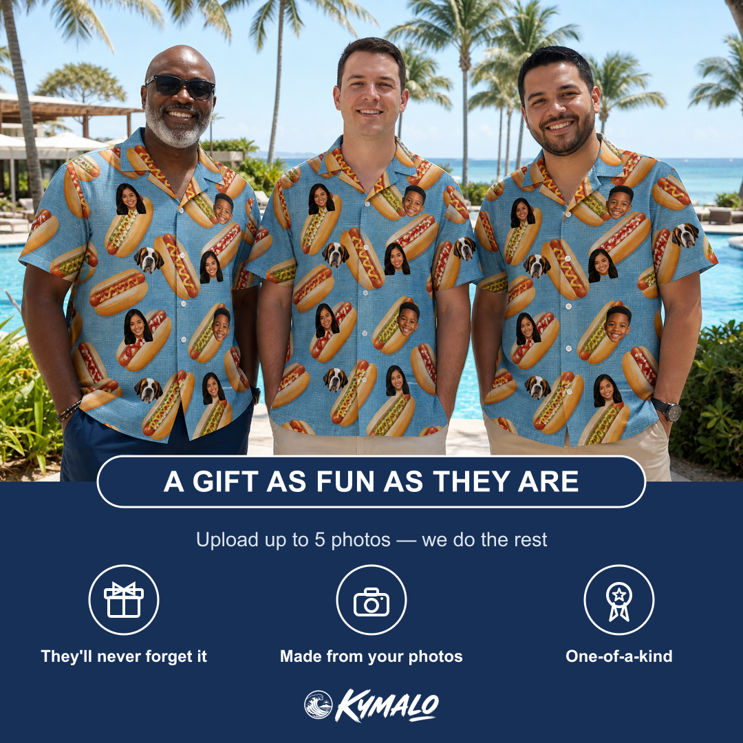 Friends in matching Men's Bunited States Custom Face Hawaiian Shirt — a group gift photo