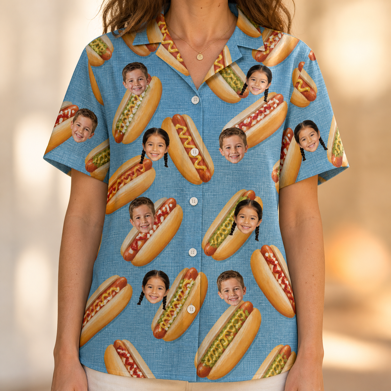Model wearing Women's Bunited States Custom Face Hawaiian Shirt printed with kids' faces