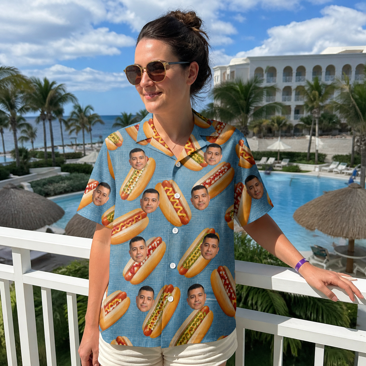 Real-life photo of someone wearing Women's Bunited States Custom Face Hawaiian Shirt — custom faces printed all-over