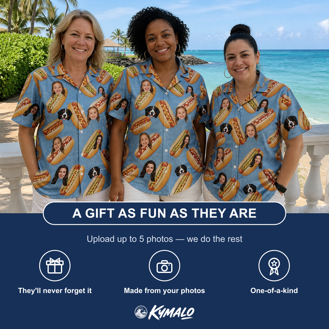 Friends in matching Women's Bunited States Custom Face Hawaiian Shirt — a group gift photo