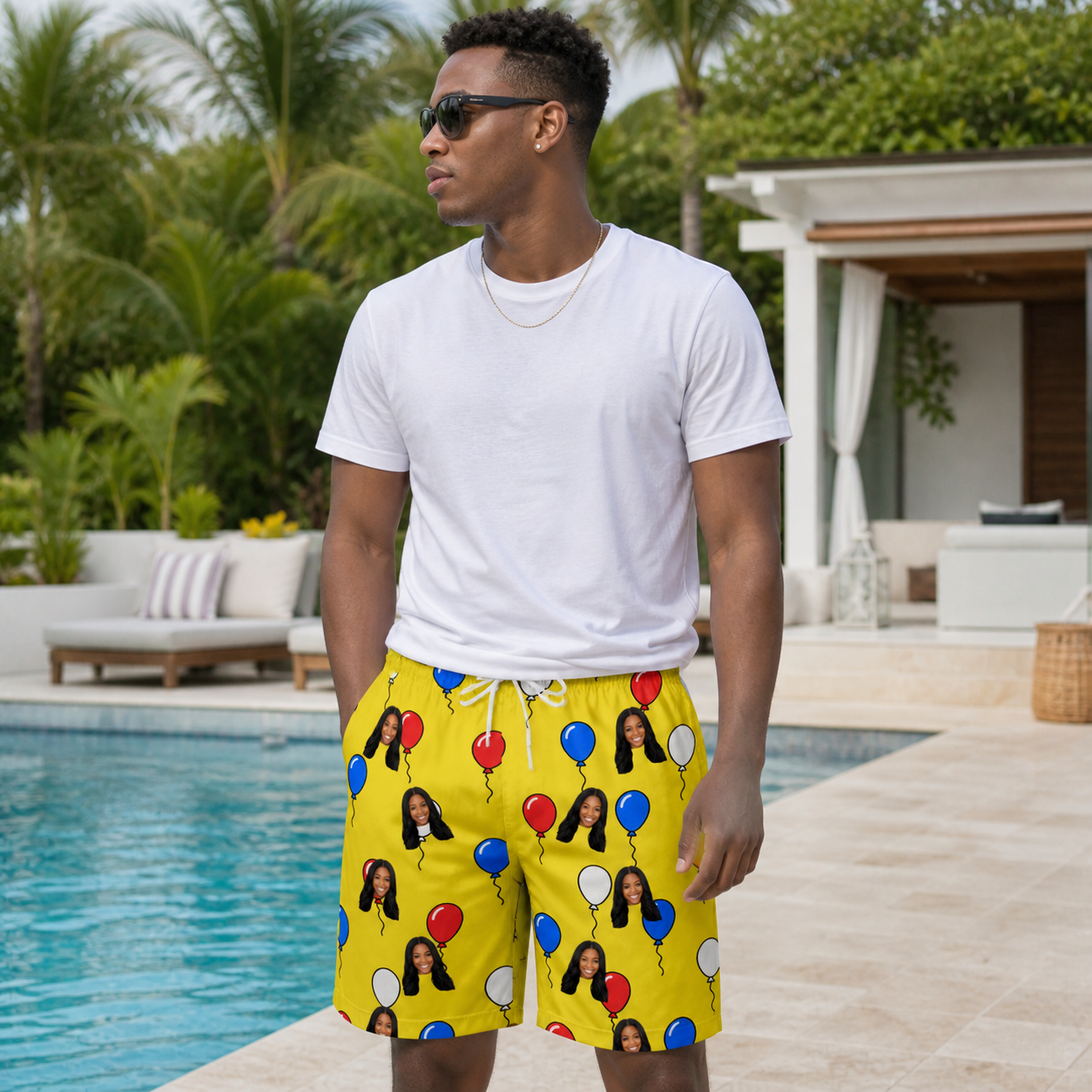 Real-life photo of someone wearing Men's Crimson Cloudburst Custom Face Beach Shorts — custom faces printed all-over