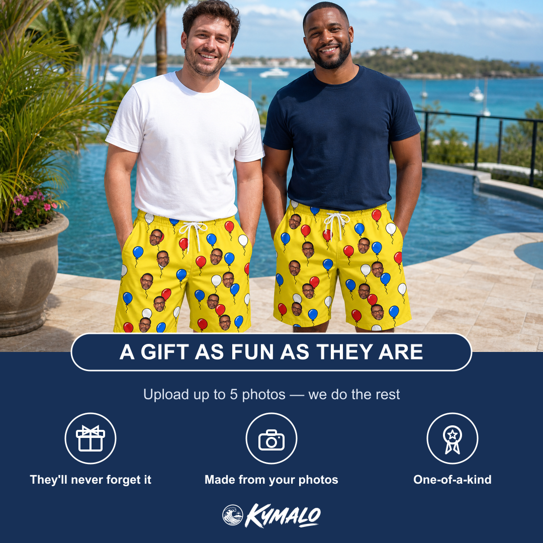 Friends in matching Men's Crimson Cloudburst Custom Face Beach Shorts — a group gift photo