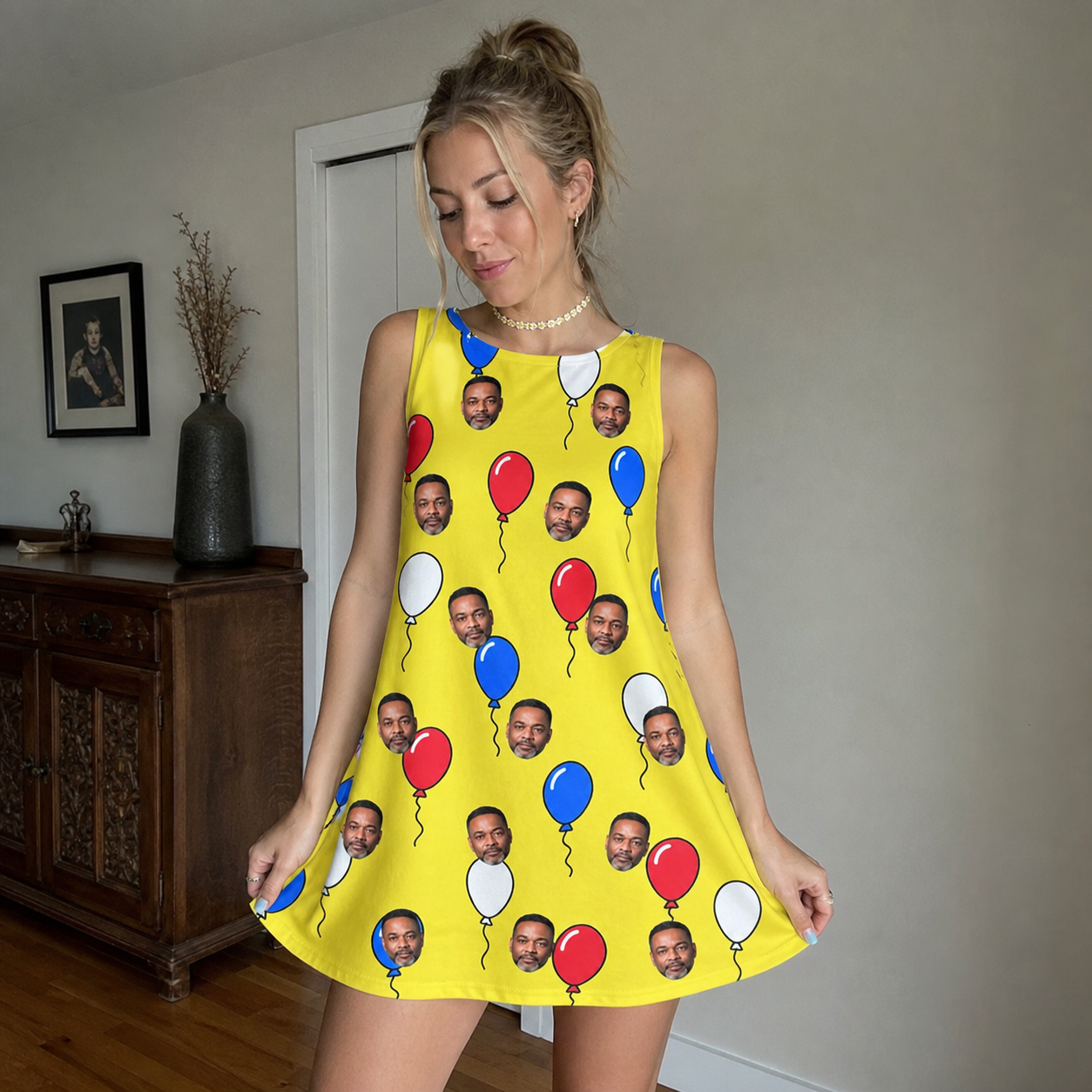 Real-life photo of someone wearing Women's Crimson Cloudburst Custom Face Tank Dress — custom faces printed all-over