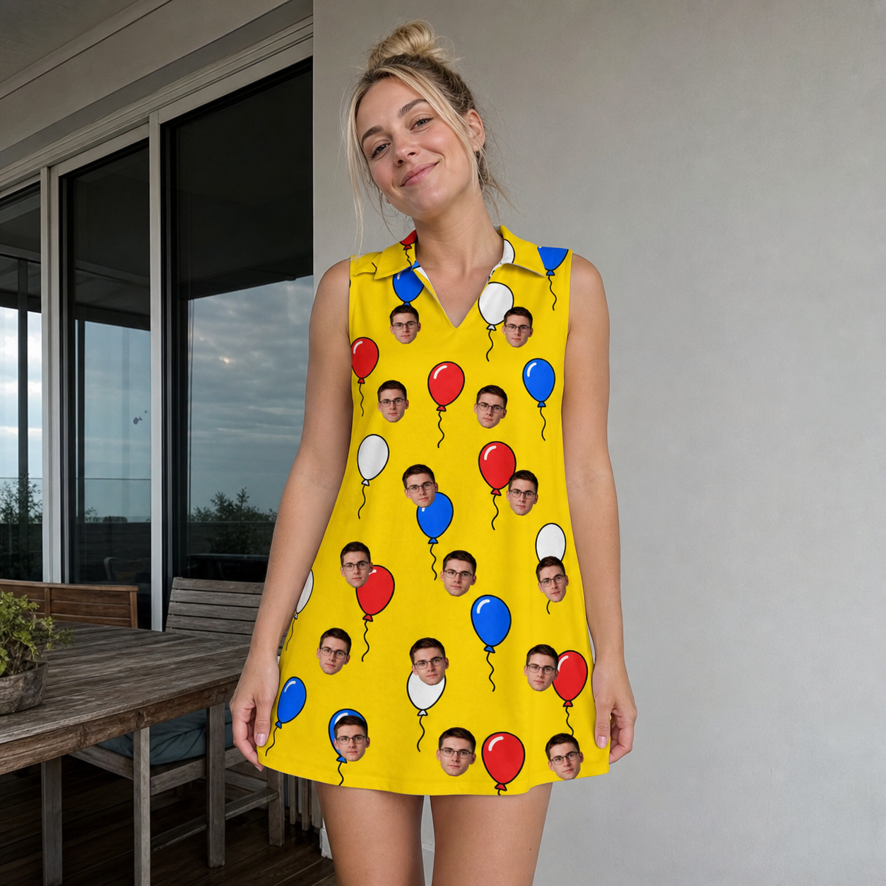 Real-life photo of someone wearing Women's Crimson Cloudburst Custom Face V-Neck Dress — custom faces printed all-over