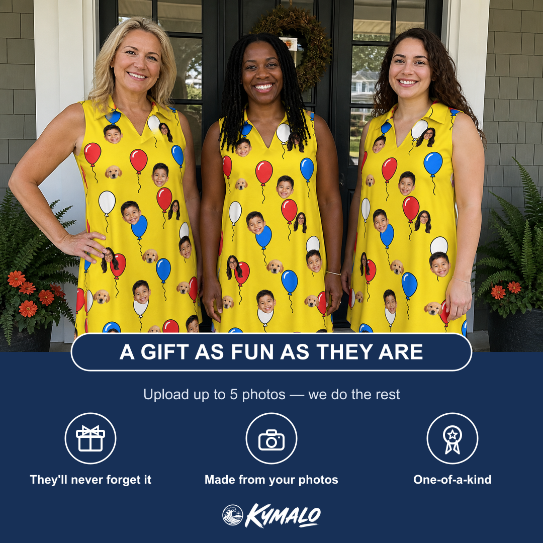 Friends in matching Women's Crimson Cloudburst Custom Face V-Neck Dress — a group gift photo