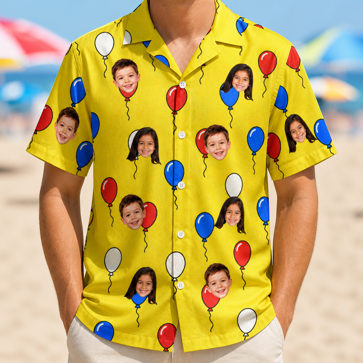 Model wearing Men's Crimson Cloudburst Custom Face Hawaiian Shirt printed with kids' faces