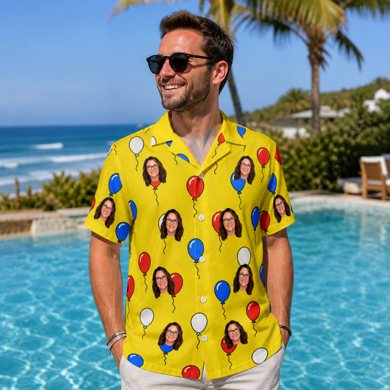 Real-life photo of someone wearing Men's Crimson Cloudburst Custom Face Hawaiian Shirt — custom faces printed all-over