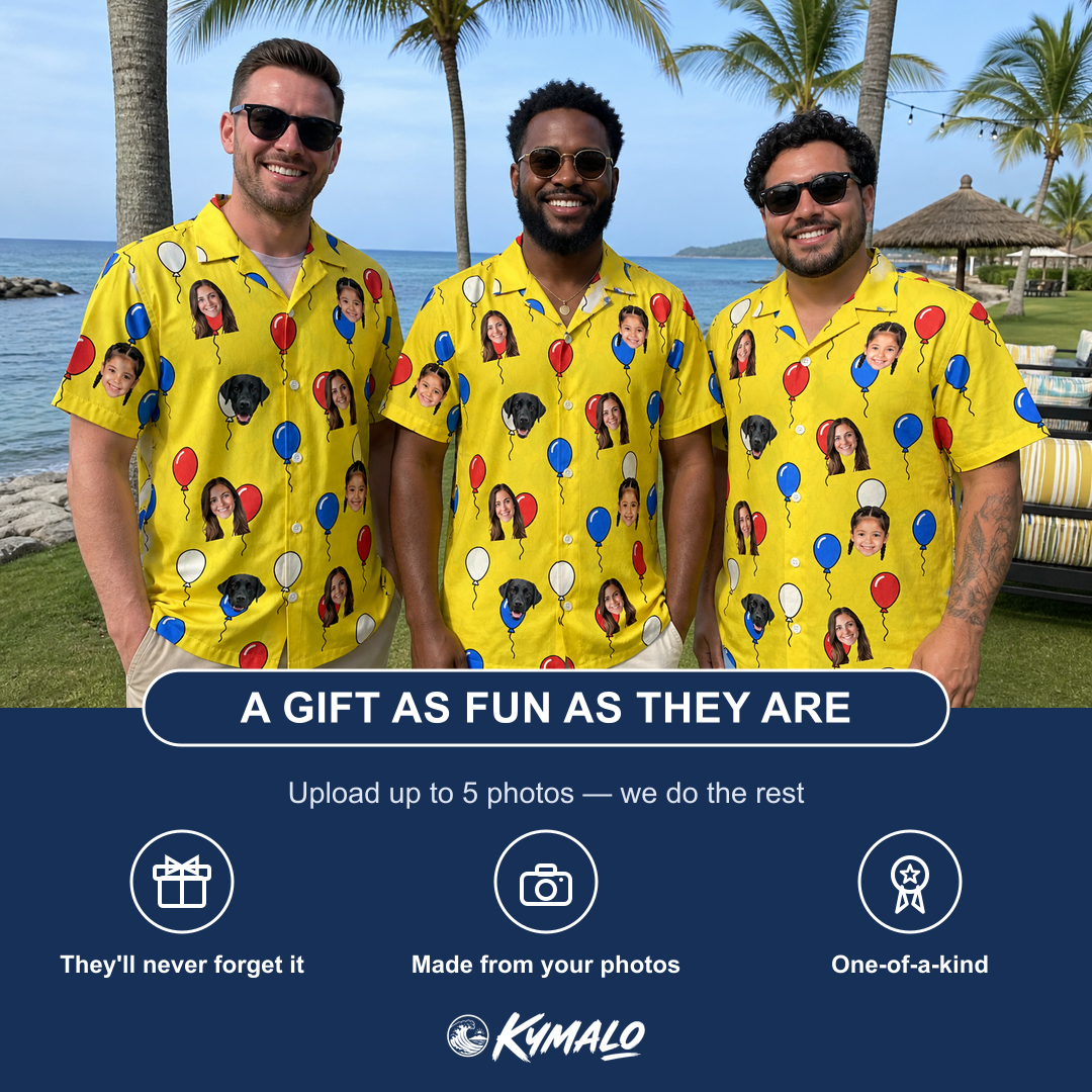Friends in matching Men's Crimson Cloudburst Custom Face Hawaiian Shirt — a group gift photo