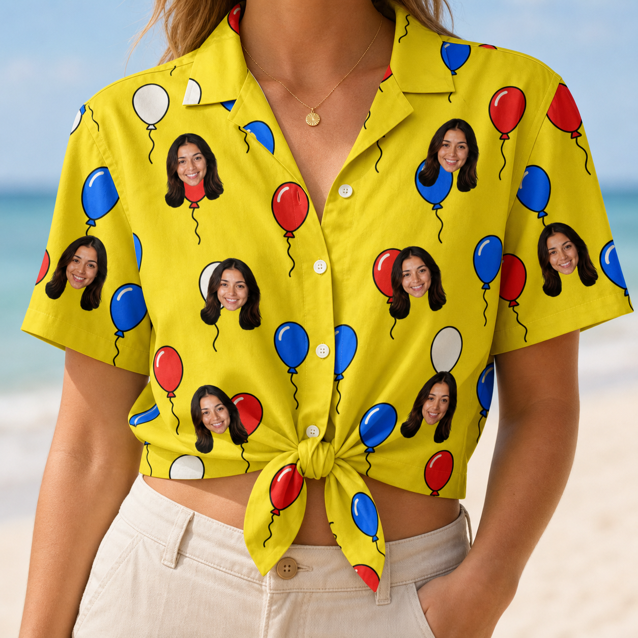 Woman wearing Women's Crimson Cloudburst Custom Face Hawaiian Shirt tied at the waist