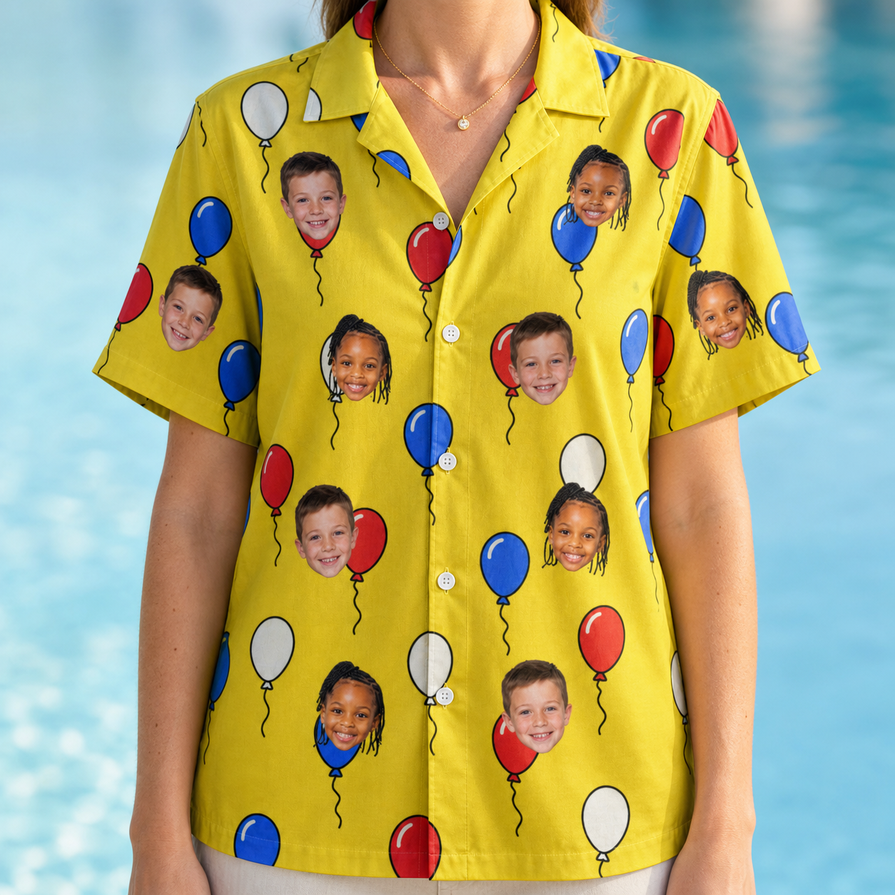 Model wearing Women's Crimson Cloudburst Custom Face Hawaiian Shirt printed with kids' faces