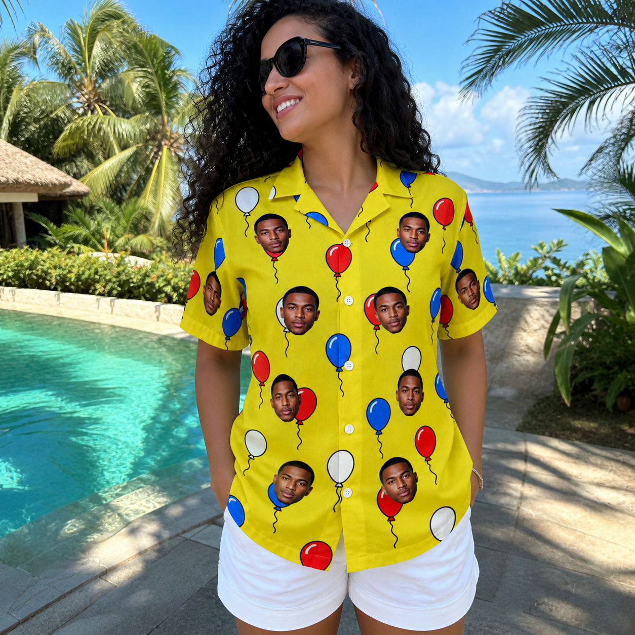 Real-life photo of someone wearing Women's Crimson Cloudburst Custom Face Hawaiian Shirt — custom faces printed all-over