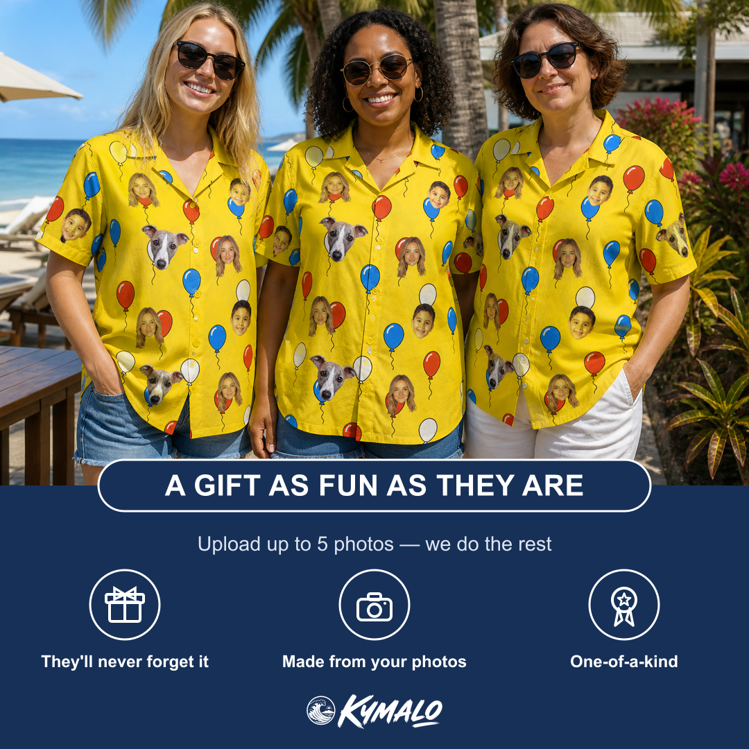 Friends in matching Women's Crimson Cloudburst Custom Face Hawaiian Shirt — a group gift photo