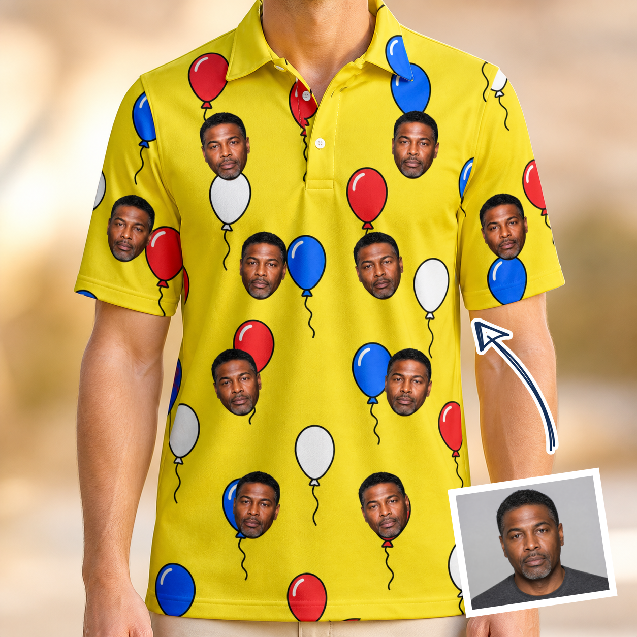 Man wearing Men's Crimson Cloudburst Custom Face Polo Shirt — custom faces printed all-over