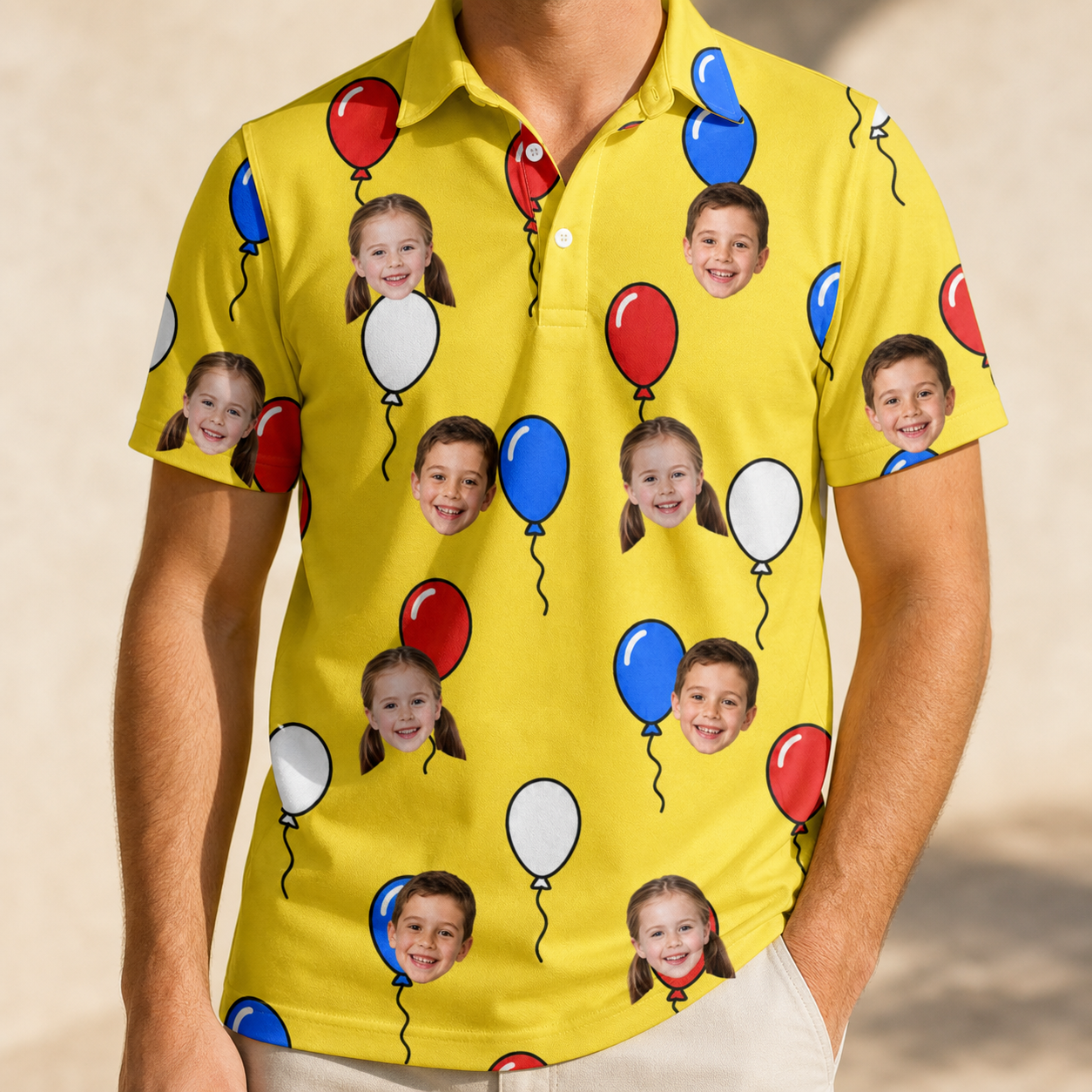 Model wearing Men's Crimson Cloudburst Custom Face Polo Shirt printed with kids' faces