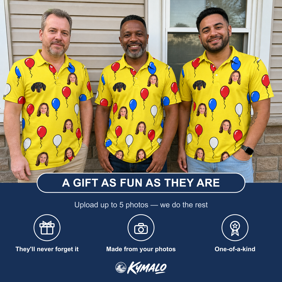 Friends in matching Men's Crimson Cloudburst Custom Face Polo Shirt — a group gift photo