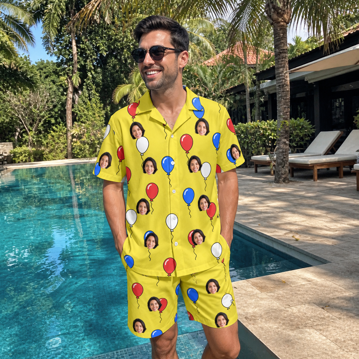 Real-life photo of someone wearing Men's Crimson Cloudburst Custom Face Shirt & Shorts Set — custom faces printed all-over