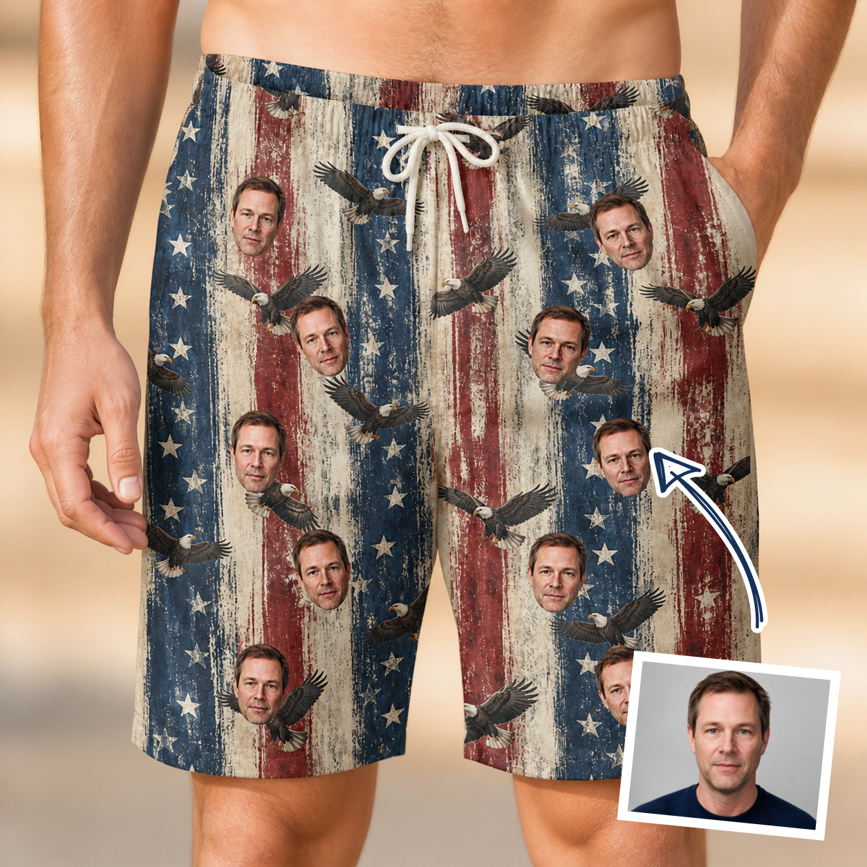 Man wearing Men's Eagle Euphoria Custom Face Beach Shorts — custom faces printed all-over