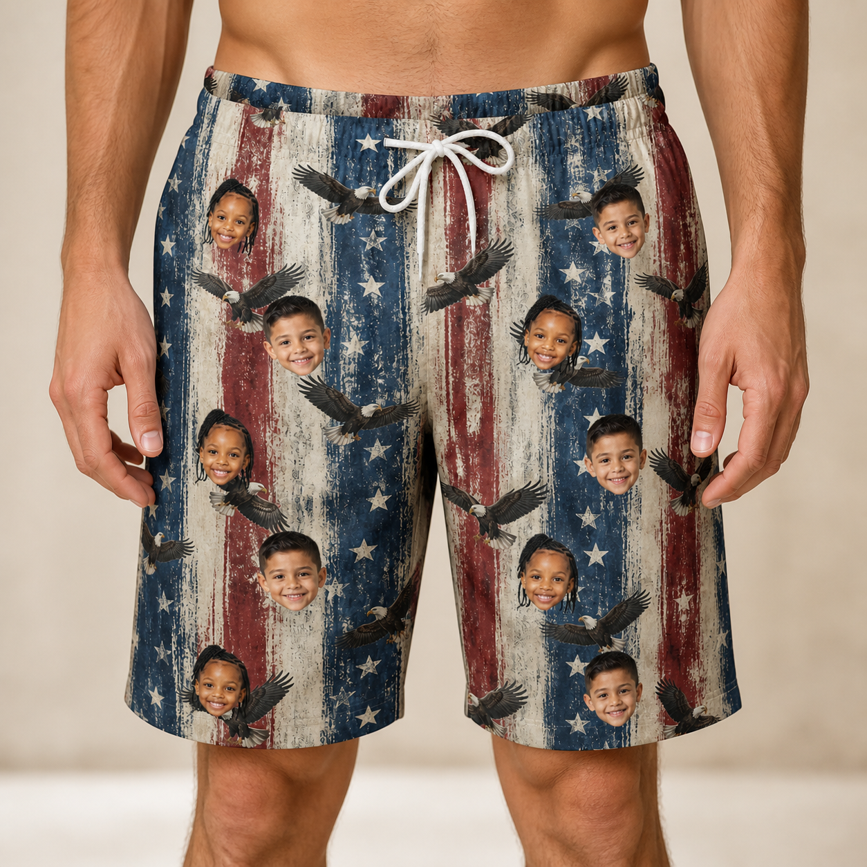Model wearing Men's Eagle Euphoria Custom Face Beach Shorts printed with kids' faces