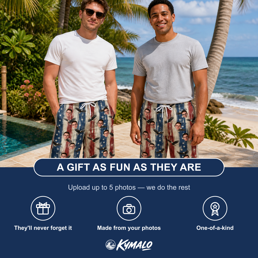 Friends in matching Men's Eagle Euphoria Custom Face Beach Shorts — a group gift photo