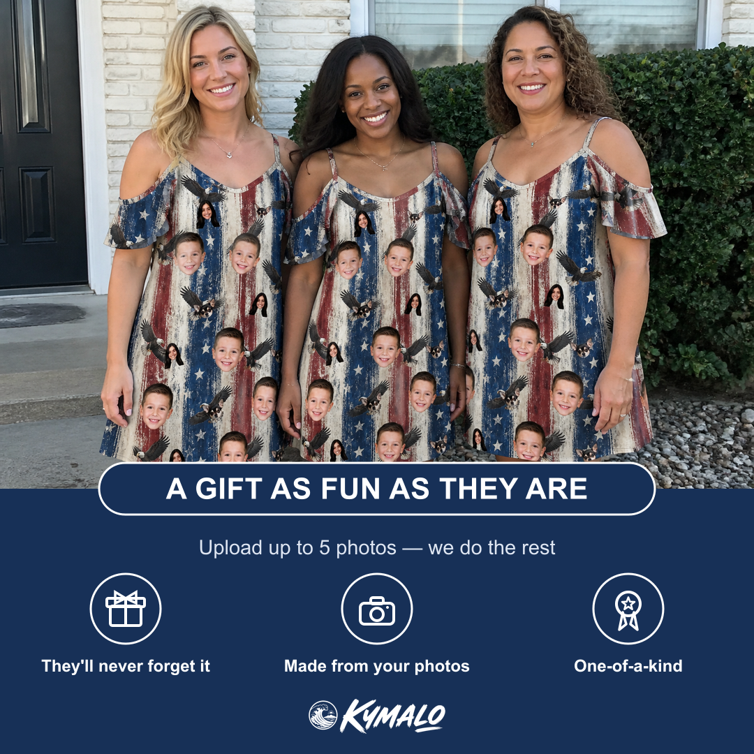 Friends in matching Women's Eagle Euphoria Custom Face Off-Shoulder Dress — a group gift photo