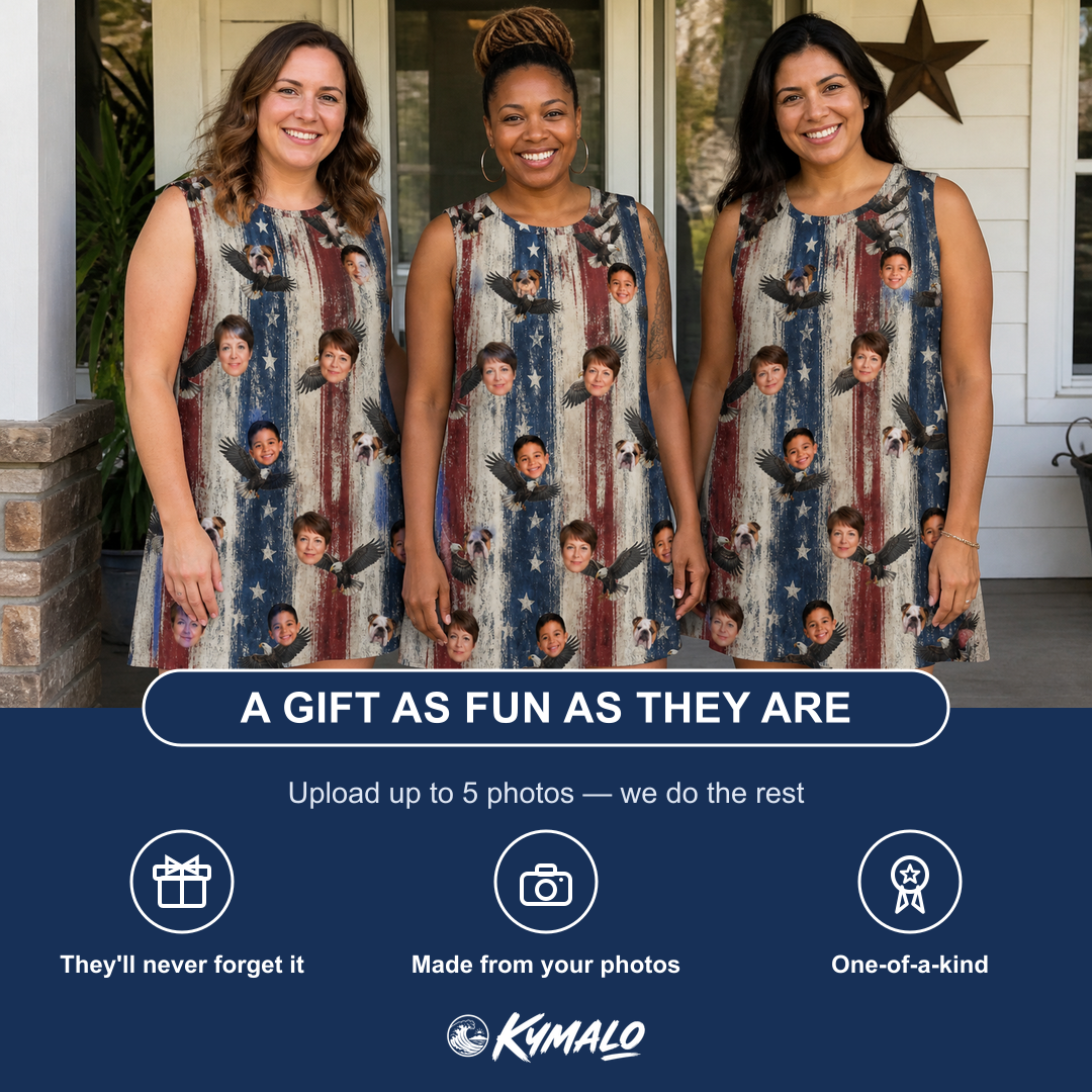 Friends in matching Women's Eagle Euphoria Custom Face Tank Dress — a group gift photo
