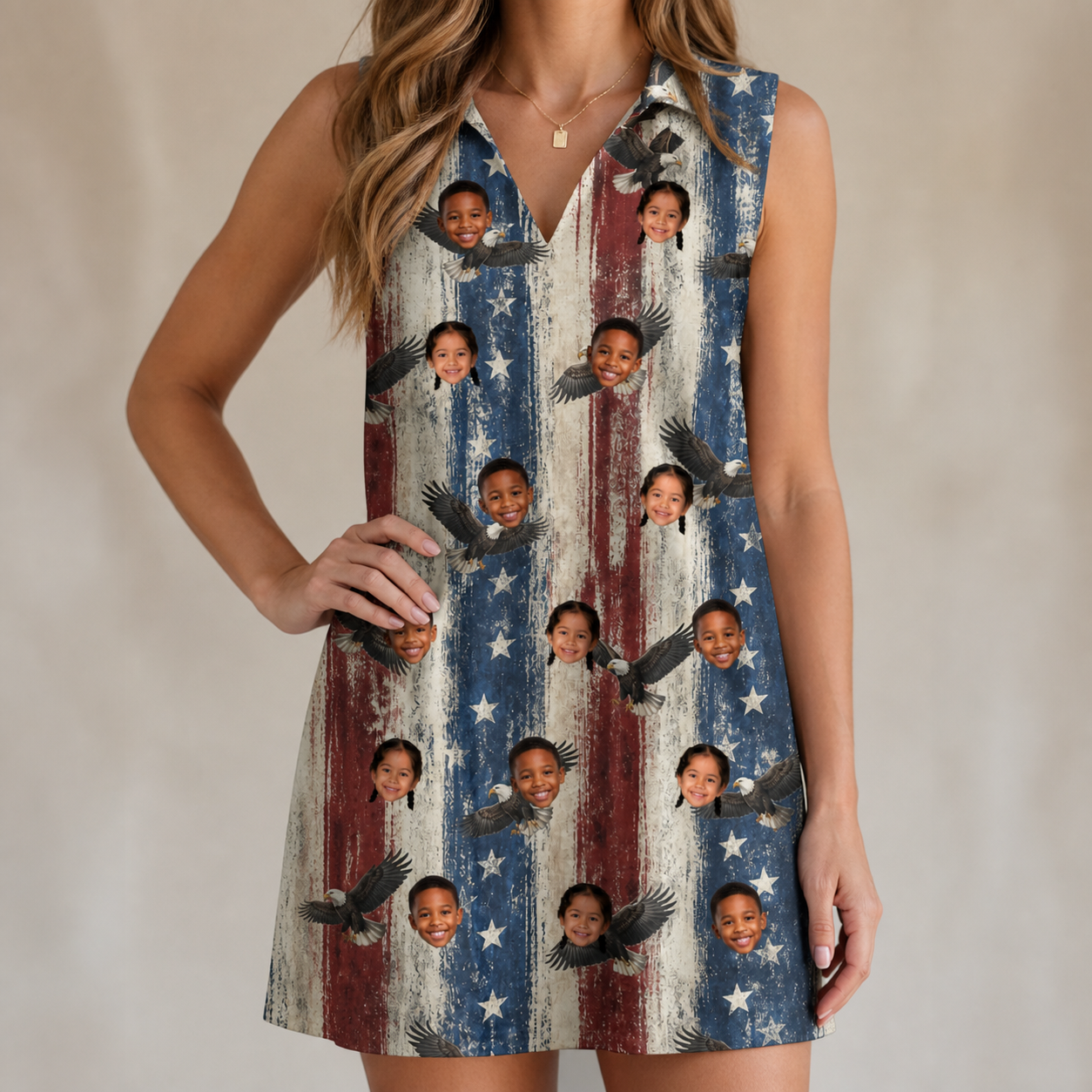 Model wearing Women's Eagle Euphoria Custom Face V-Neck Dress printed with kids' faces