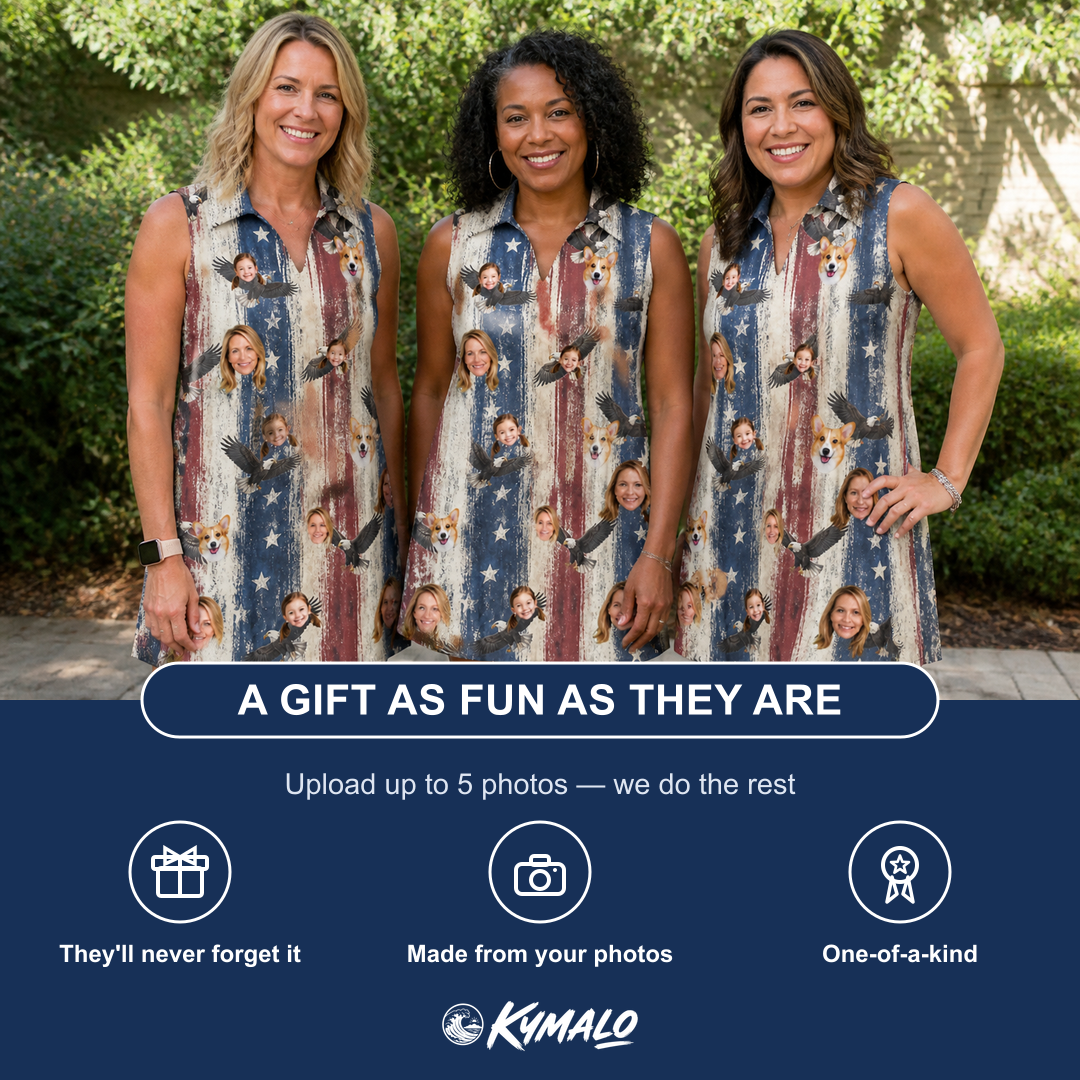 Friends in matching Women's Eagle Euphoria Custom Face V-Neck Dress — a group gift photo