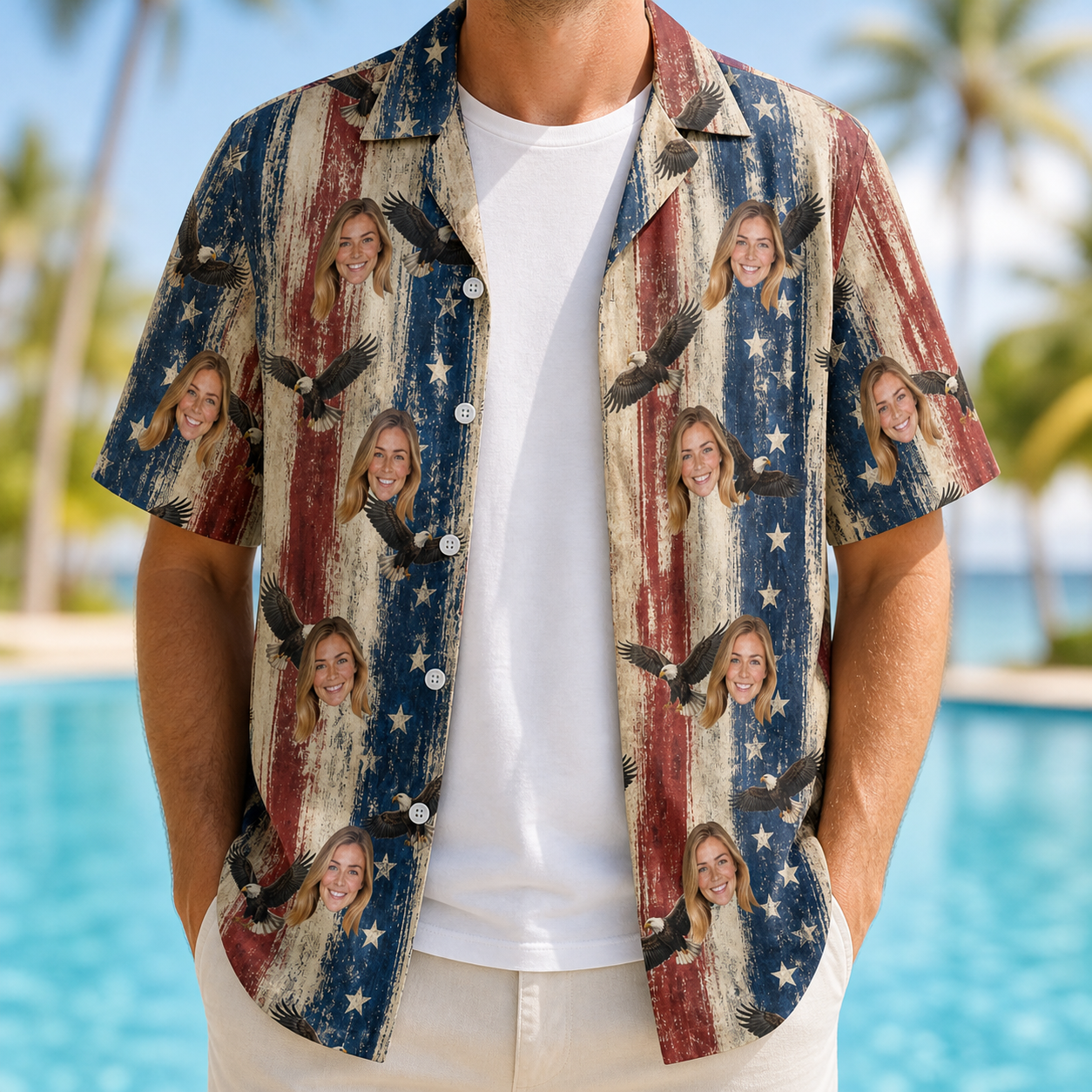 Man wearing Men's Eagle Euphoria Custom Face Hawaiian Shirt open over a white tee