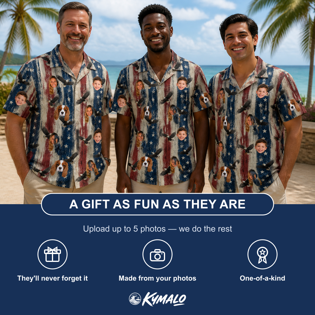 Friends in matching Men's Eagle Euphoria Custom Face Hawaiian Shirt — a group gift photo