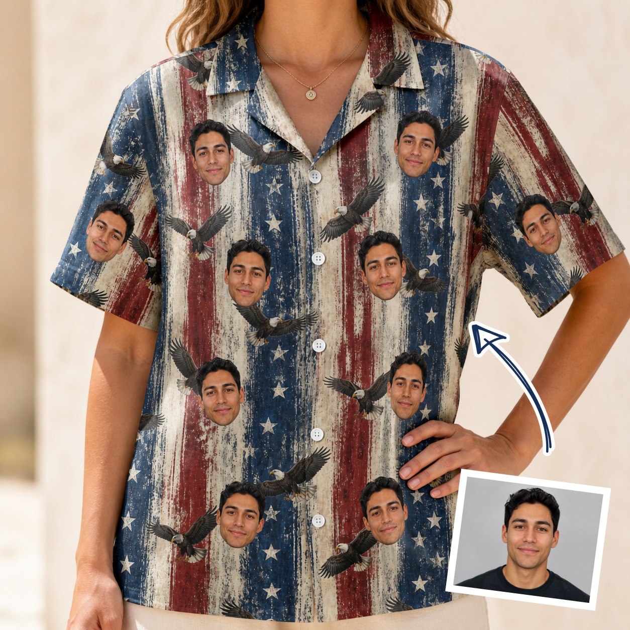 Woman wearing Women's Eagle Euphoria Custom Face Hawaiian Shirt — custom faces printed all-over