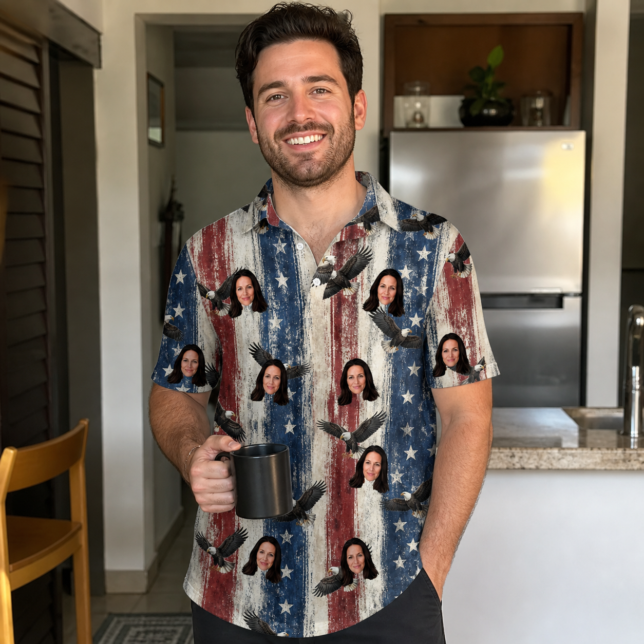 Real-life photo of someone wearing Men's Eagle Euphoria Custom Face Polo Shirt — custom faces printed all-over