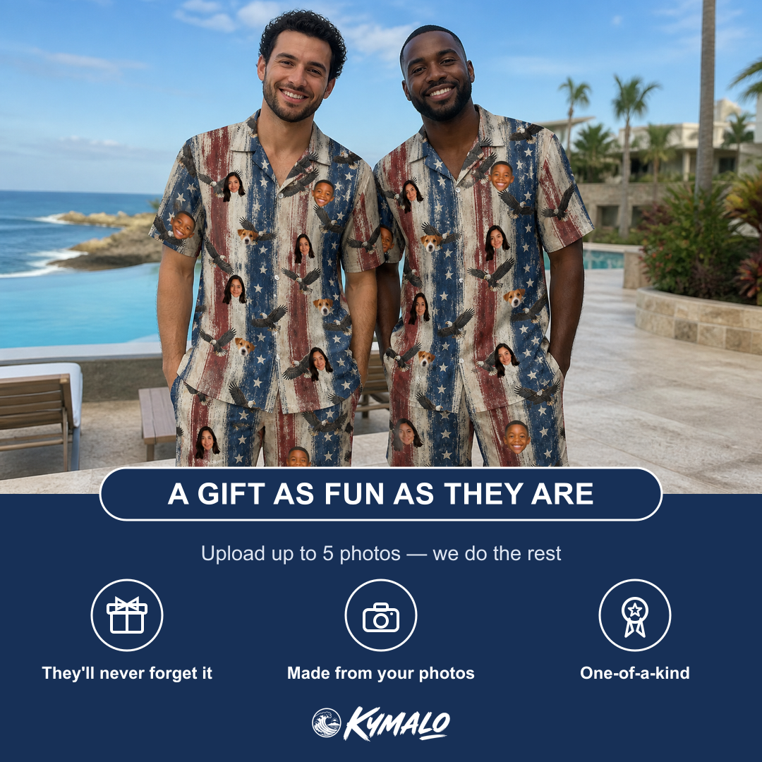 Friends in matching Men's Eagle Euphoria Custom Face Shirt & Shorts Set — a group gift photo