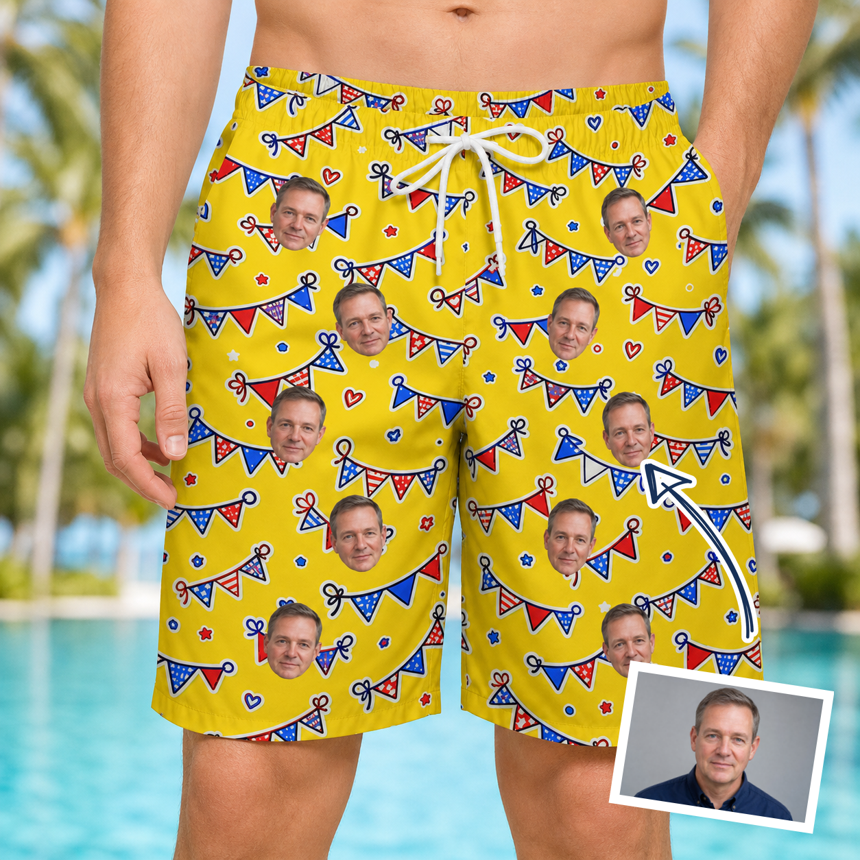 Man wearing Men's Banner Bash Custom Face Beach Shorts — custom faces printed all-over