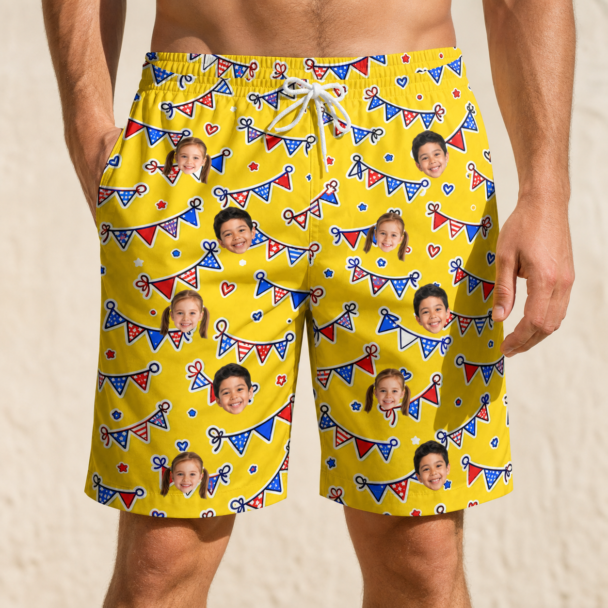Model wearing Men's Banner Bash Custom Face Beach Shorts printed with kids' faces