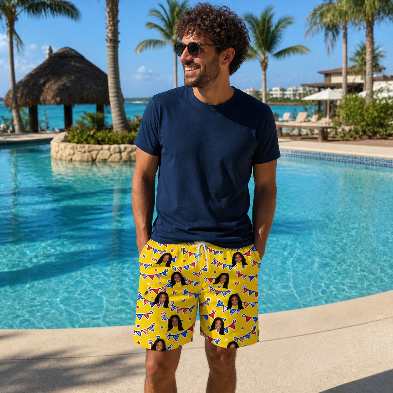 Real-life photo of someone wearing Men's Banner Bash Custom Face Beach Shorts — custom faces printed all-over