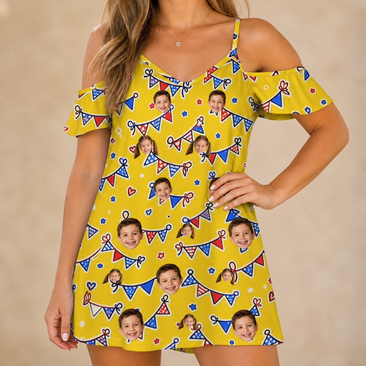 Model wearing Women's Banner Bash Custom Face Off-Shoulder Dress printed with kids' faces
