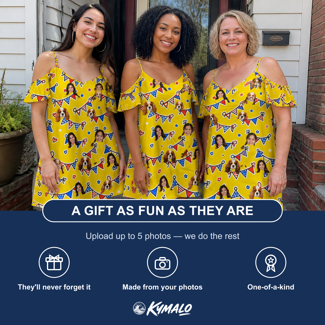Friends in matching Women's Banner Bash Custom Face Off-Shoulder Dress — a group gift photo