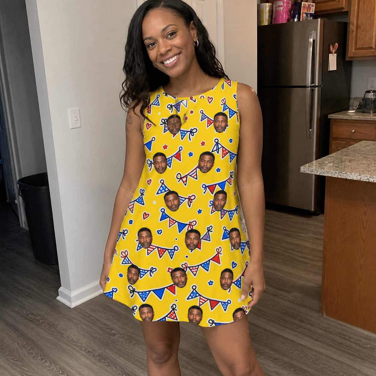 Real-life photo of someone wearing Women's Banner Bash Custom Face Tank Dress — custom faces printed all-over
