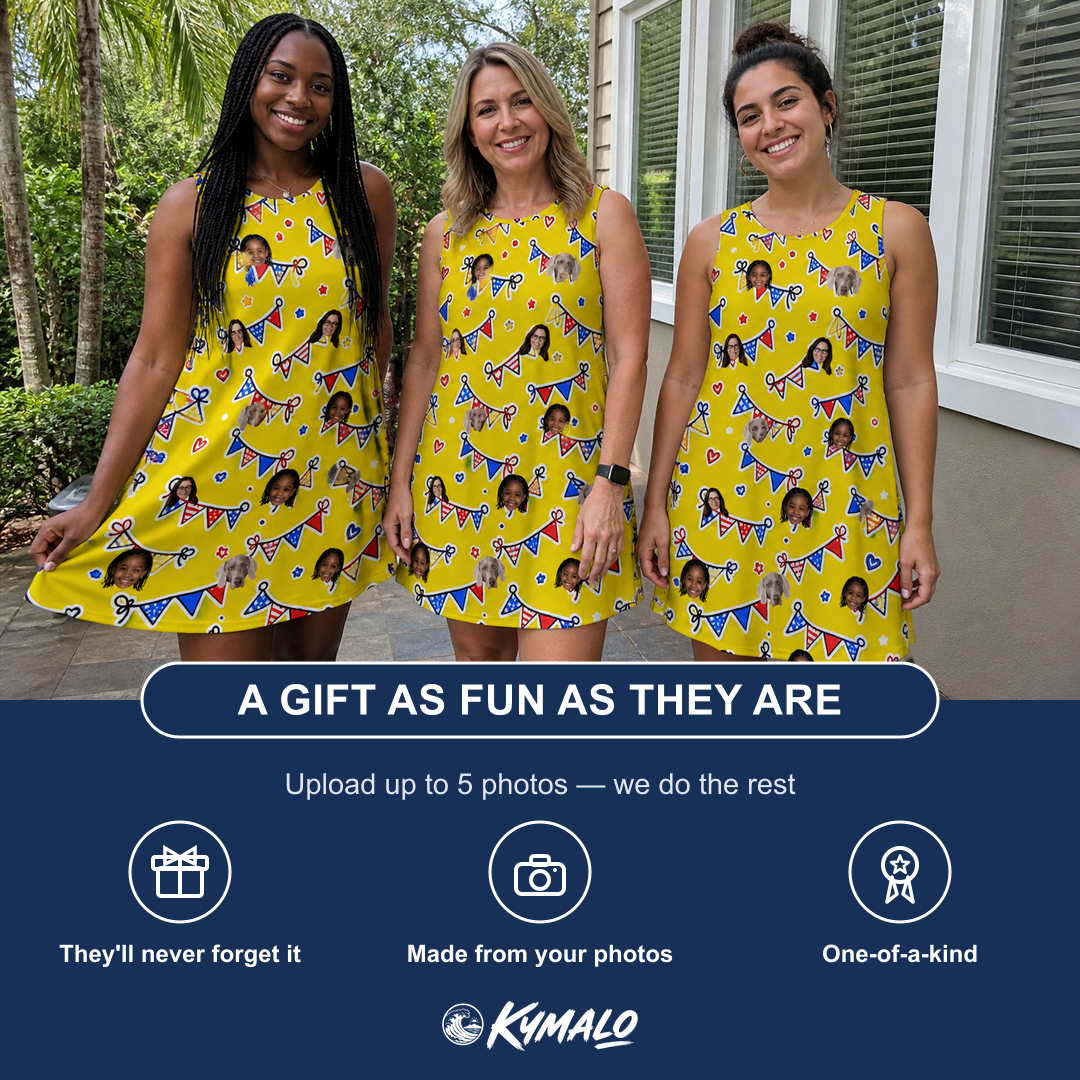 Friends in matching Women's Banner Bash Custom Face Tank Dress — a group gift photo