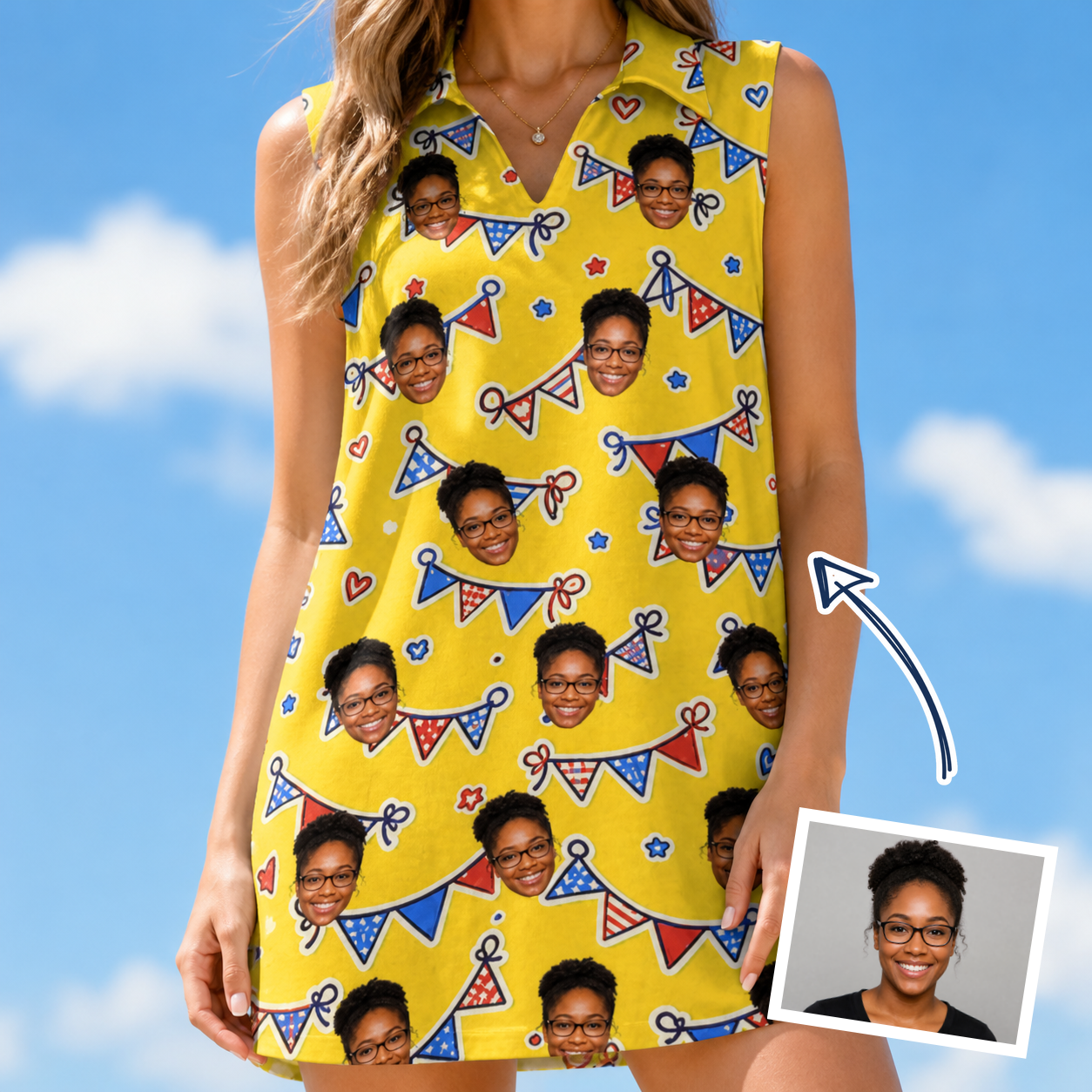 Woman wearing Women's Banner Bash Custom Face V-Neck Dress — custom faces printed all-over