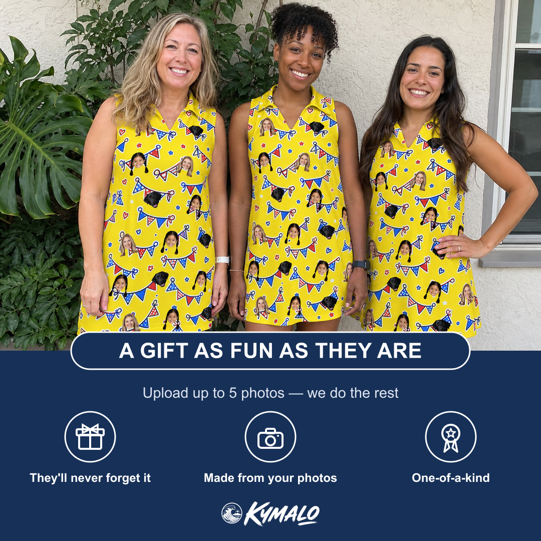 Friends in matching Women's Banner Bash Custom Face V-Neck Dress — a group gift photo