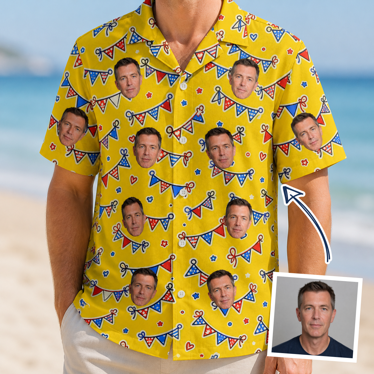 Man wearing Men's Banner Bash Custom Face Hawaiian Shirt — custom faces printed all-over