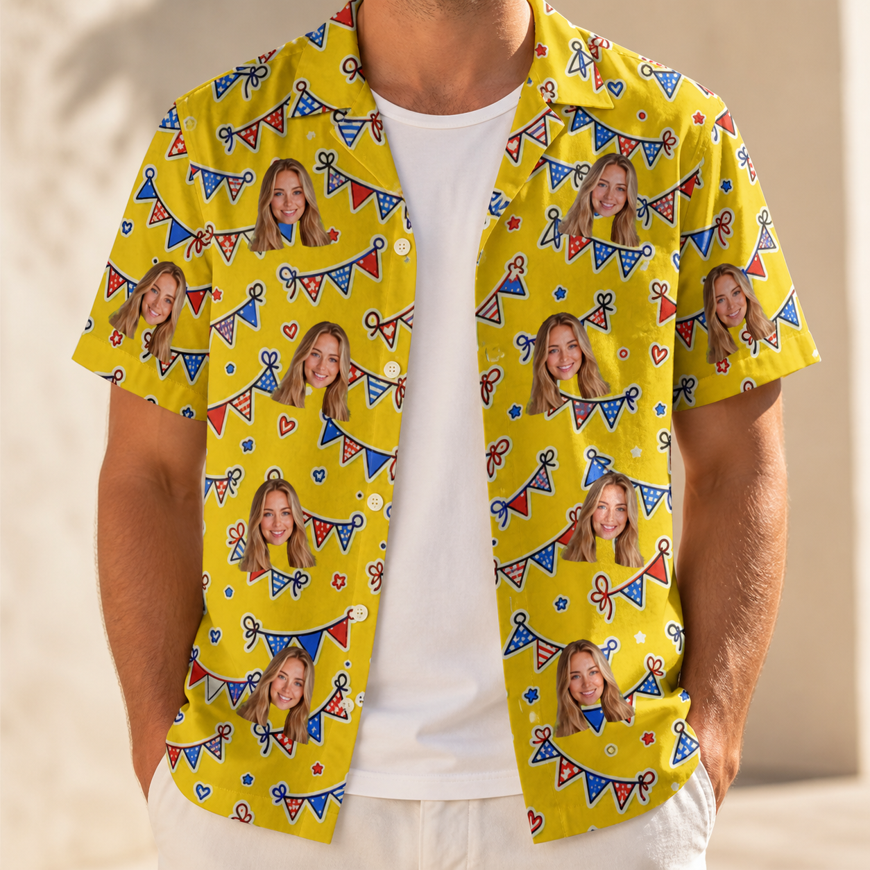 Man wearing Men's Banner Bash Custom Face Hawaiian Shirt open over a white tee