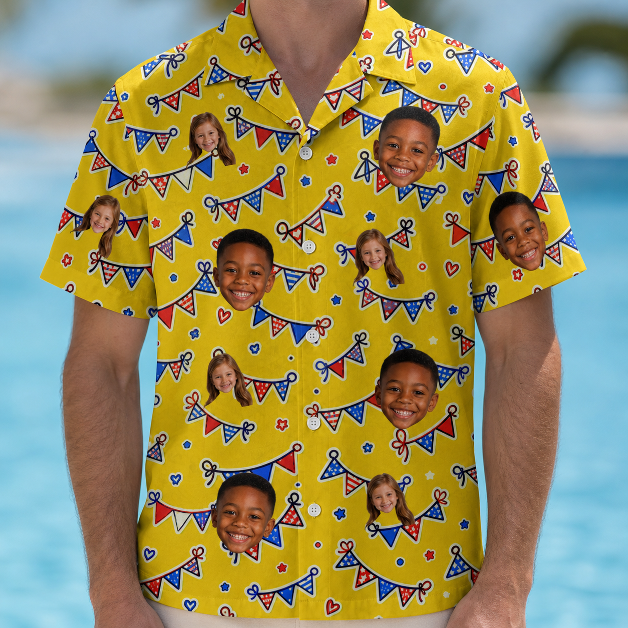 Model wearing Men's Banner Bash Custom Face Hawaiian Shirt printed with kids' faces