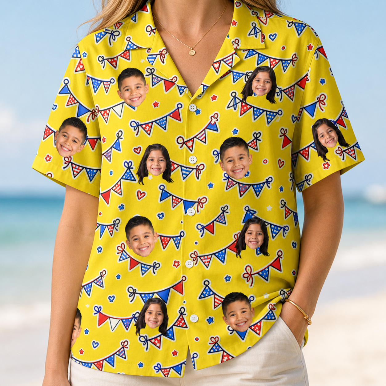 Model wearing Women's Banner Bash Custom Face Hawaiian Shirt printed with kids' faces