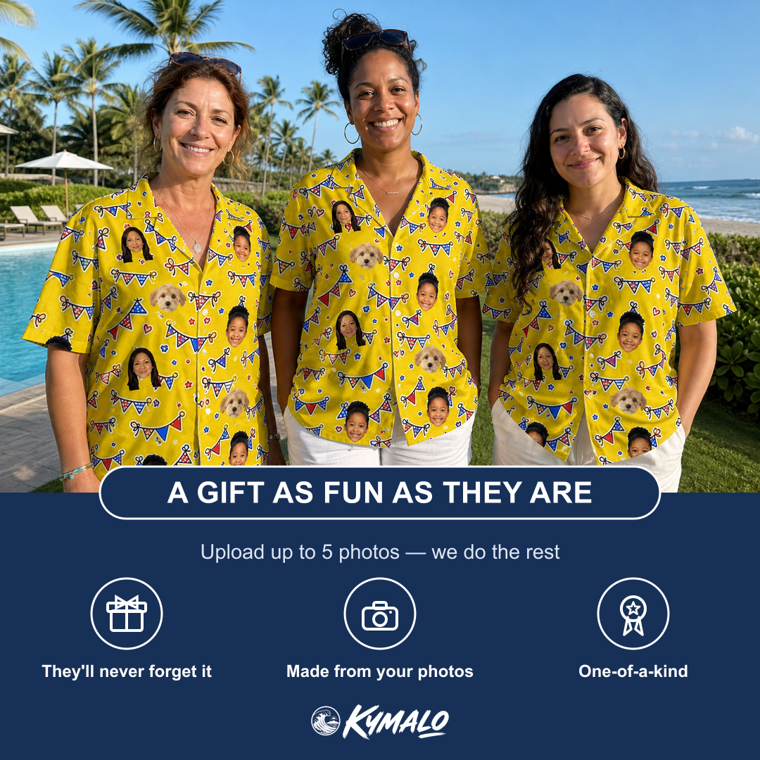 Friends in matching Women's Banner Bash Custom Face Hawaiian Shirt — a group gift photo