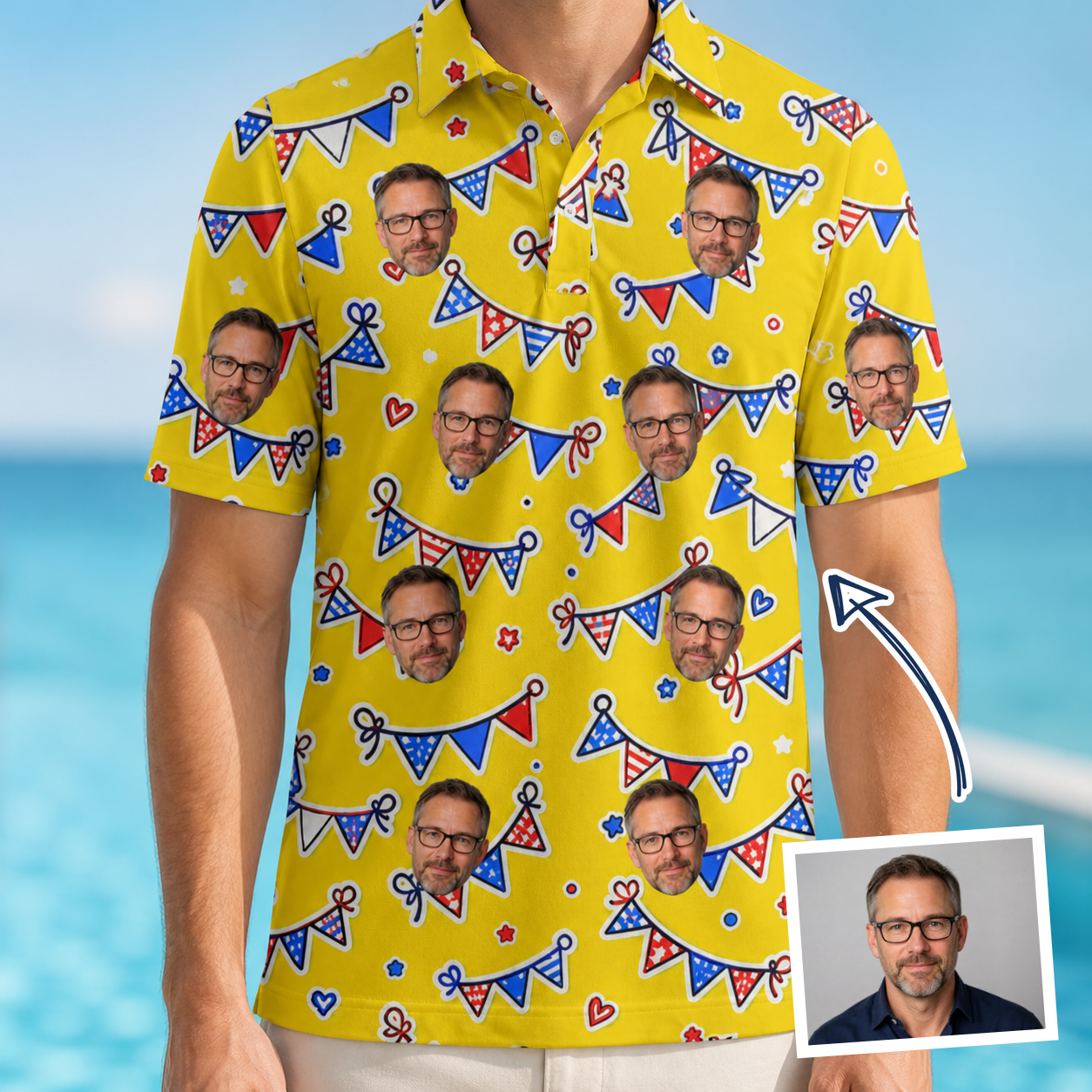 Man wearing Men's Banner Bash Custom Face Polo Shirt — custom faces printed all-over
