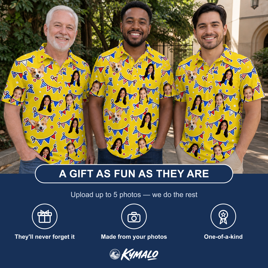 Friends in matching Men's Banner Bash Custom Face Polo Shirt — a group gift photo
