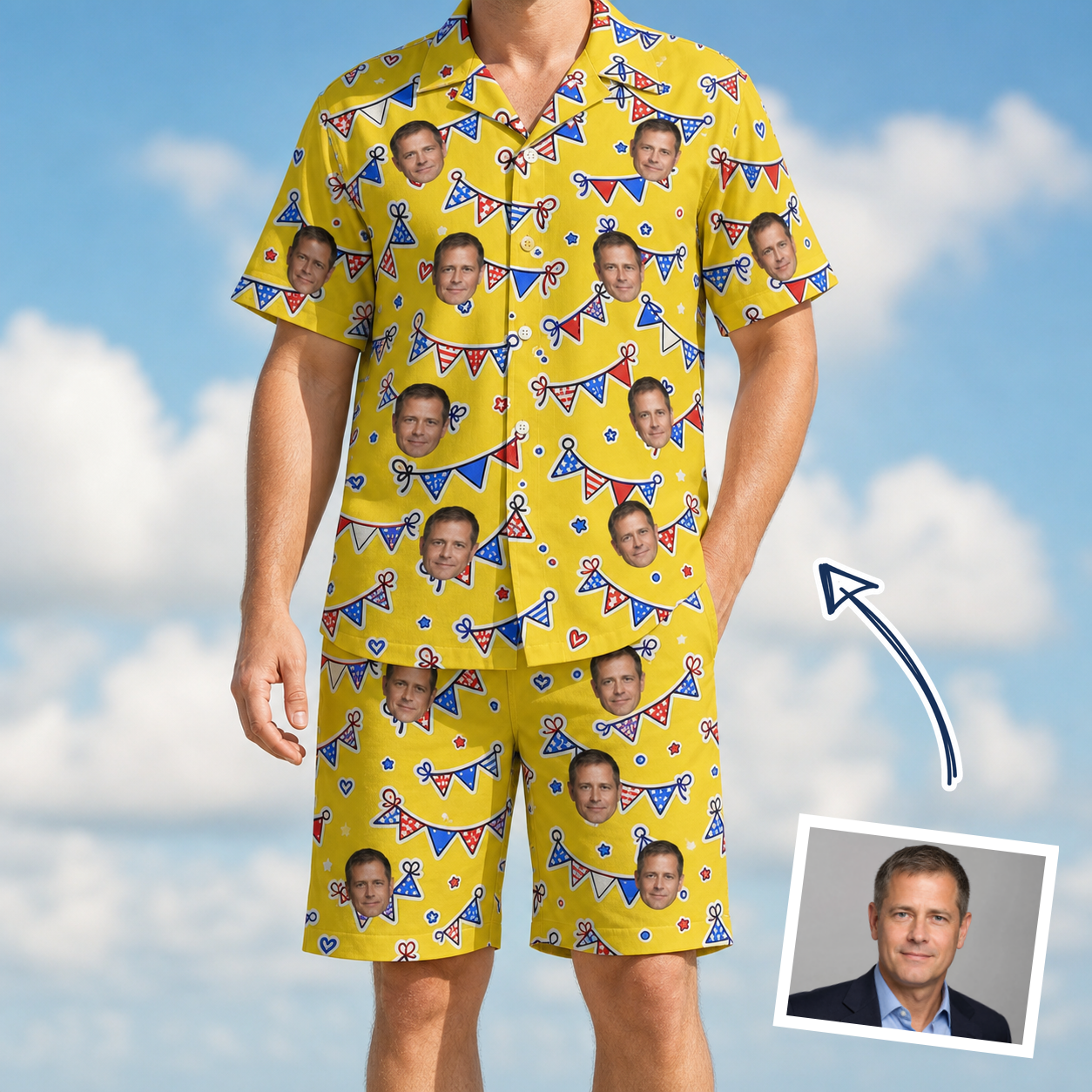 Man wearing Men's Banner Bash Custom Face Shirt & Shorts Set — custom faces printed all-over