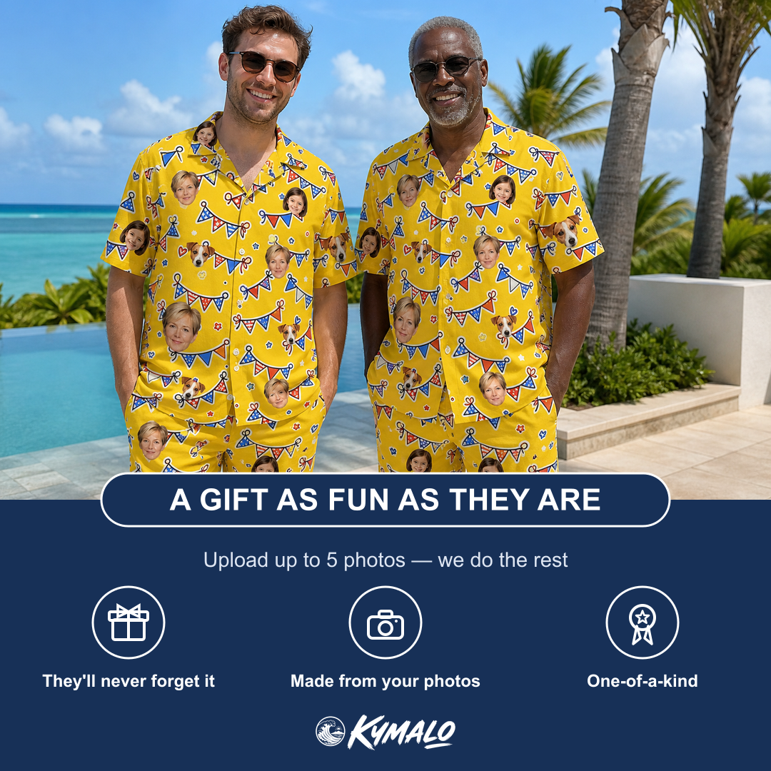 Friends in matching Men's Banner Bash Custom Face Shirt & Shorts Set — a group gift photo